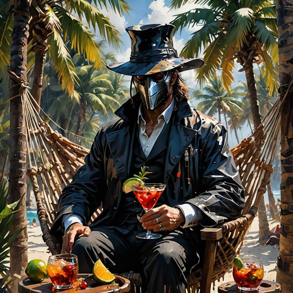 Relaxing Plague Doctor's Tropical Cocktail, Watercolour Art