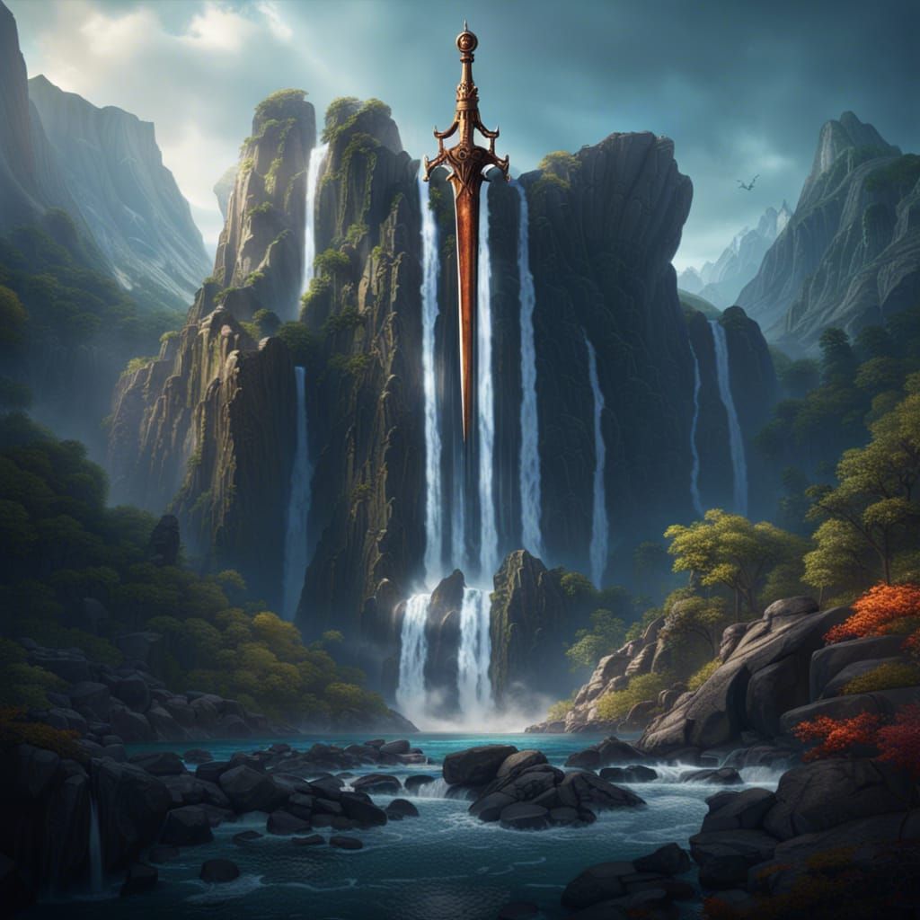 Majestic Waterfall and Sword Fantasy Concept Art