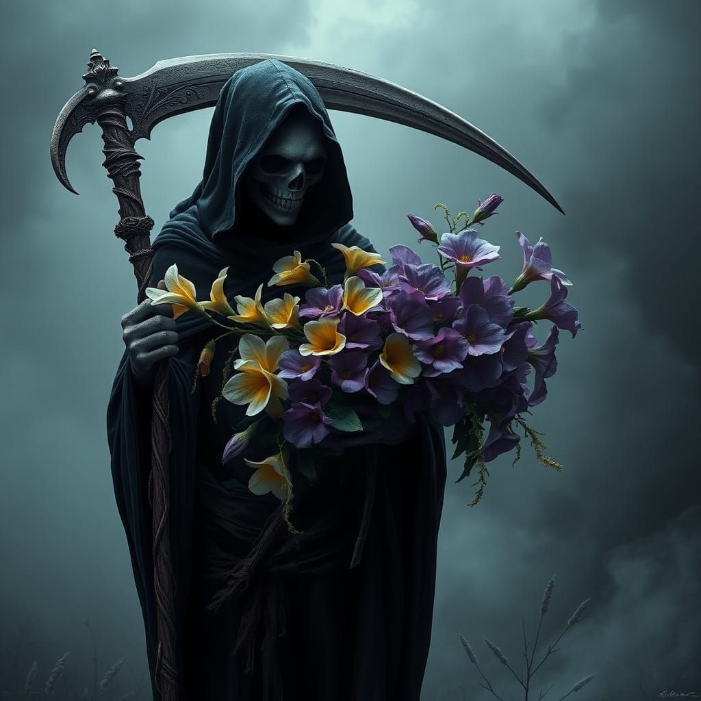 Grim Reaper with Flowers, Dark Art Nouveau Style