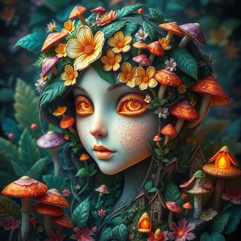 an abstract portrait of a female head, there are flowers ins...