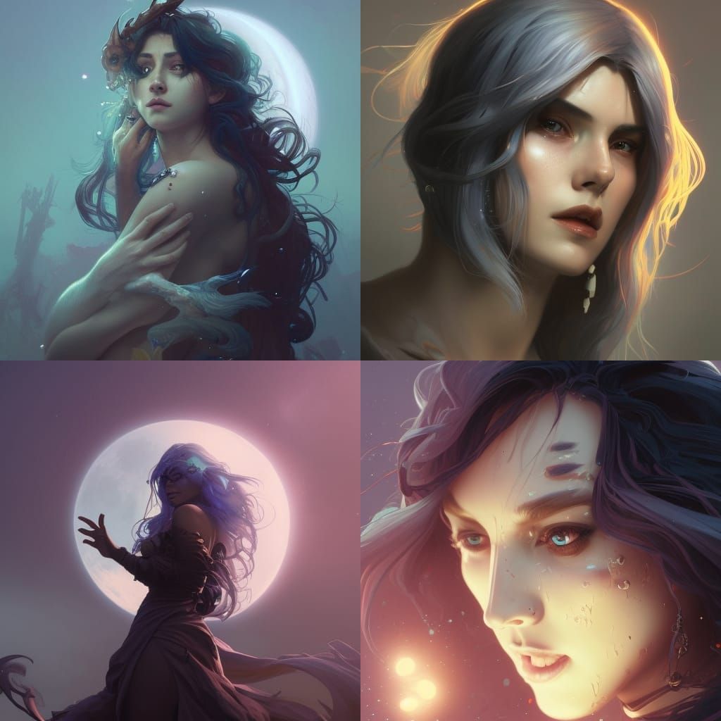 Detailed Moon Witch Portrait in Art Nouveau Style