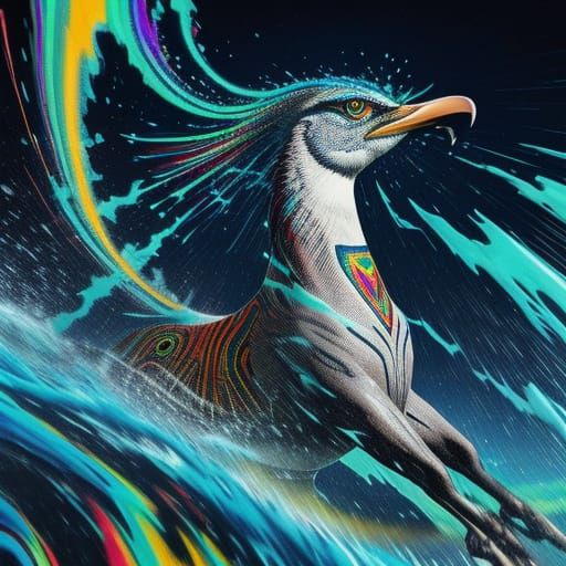 A semi-gilded thunderbird speeding through vortexes of liqui...