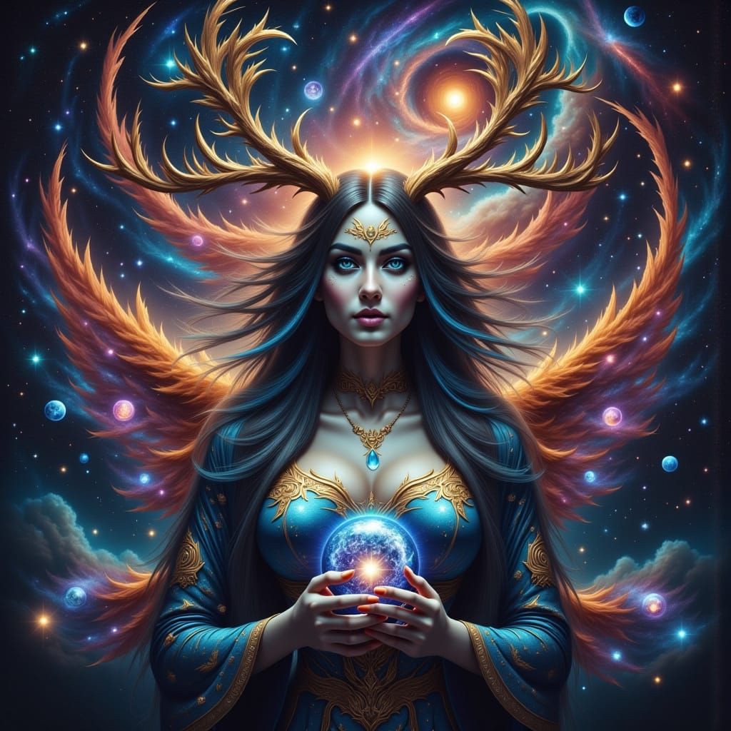 Cosmic Horned Goddess Floating Among Stars
