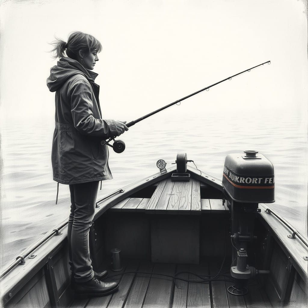 Darkly Realistic Woman Fishes on a Vintage Motorboat