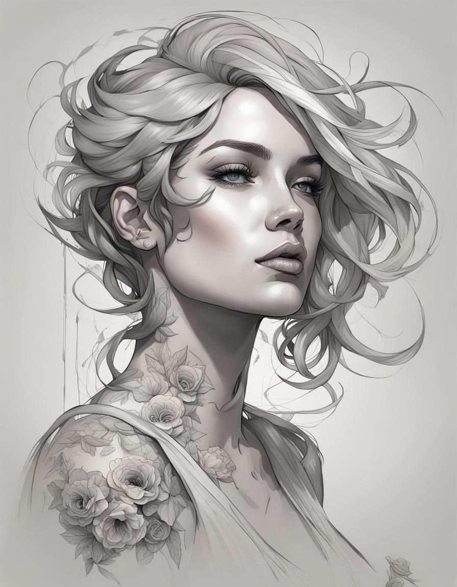 Tattoo Design: Woman Portrait in Art Nouveau Style