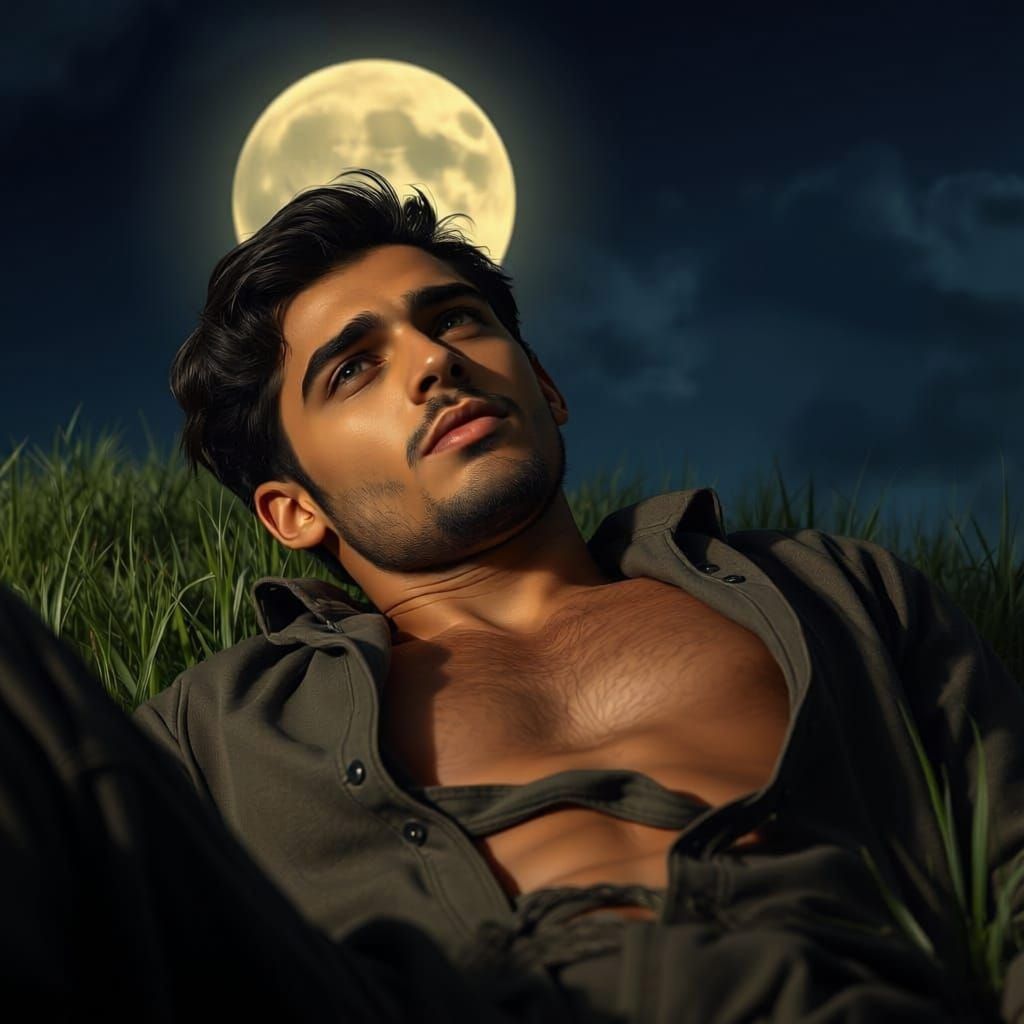 Handsome Man Under Moonlight in Hyperrealistic Style