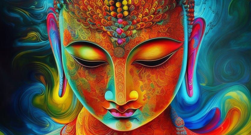 Colorful Ink Flow Buddha in Asian Monastery