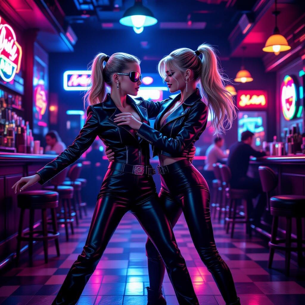 Two Women Dancing in a Retro Bar