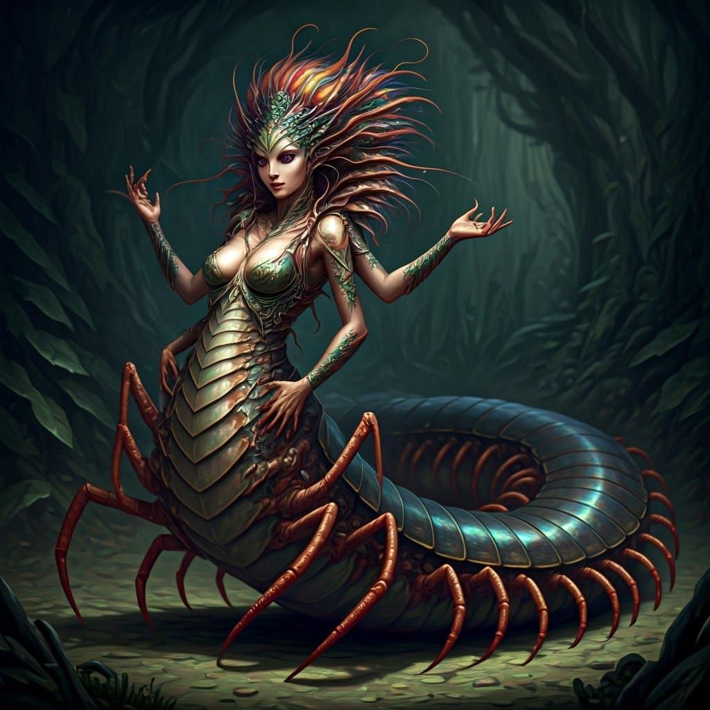 Mythical Centaur Maiden with Iridescent Scales and Glowing E...