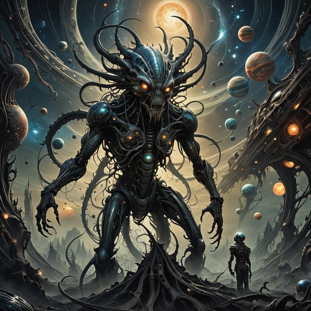 Grotesque Alien in Surreal Cosmic Landscape