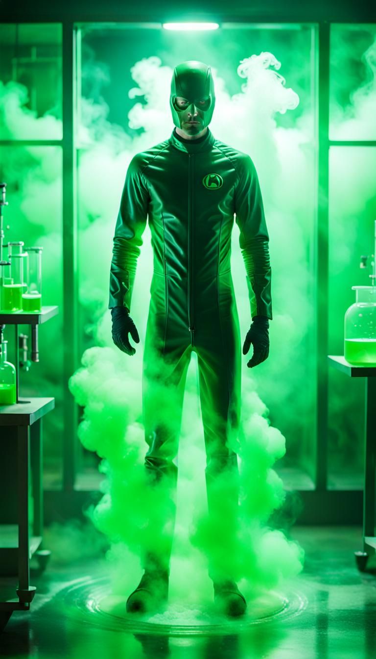 Superhero in Green Smoke: Cinematic Film Still