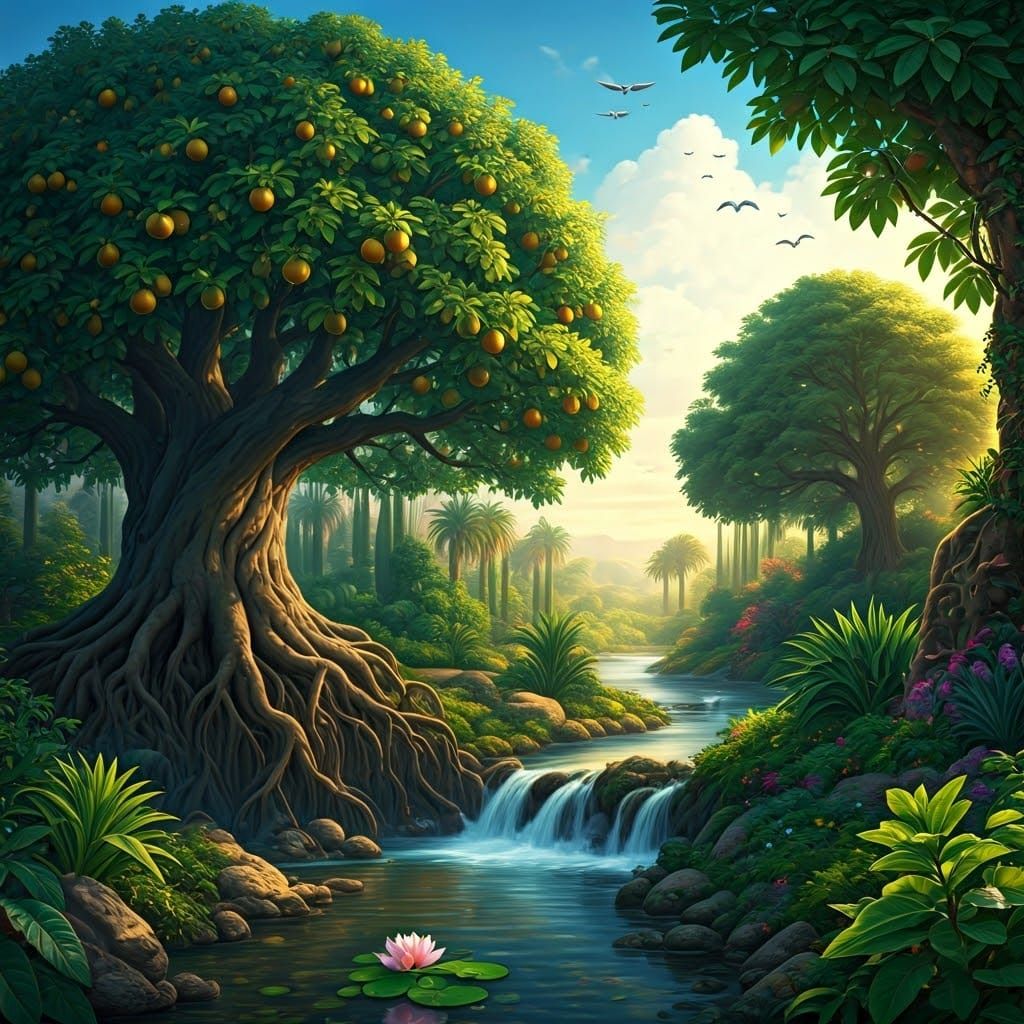 Lush Garden of Eden with Rivers in Naive Art Style