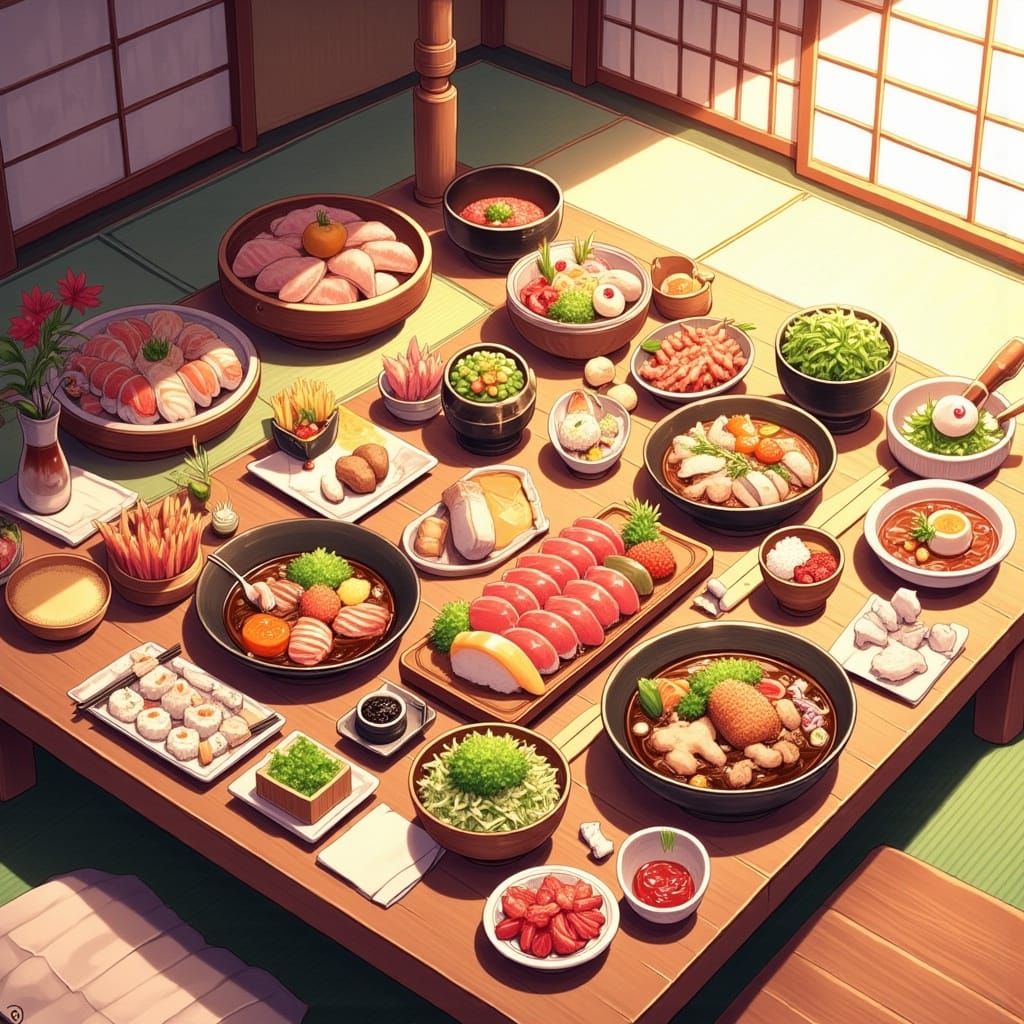 Luxurious Japanese Feast in Anime Style