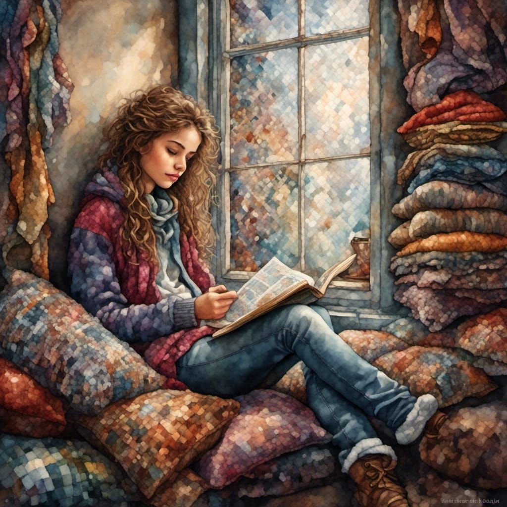 Cozy Reader in Window Nook with Pillows