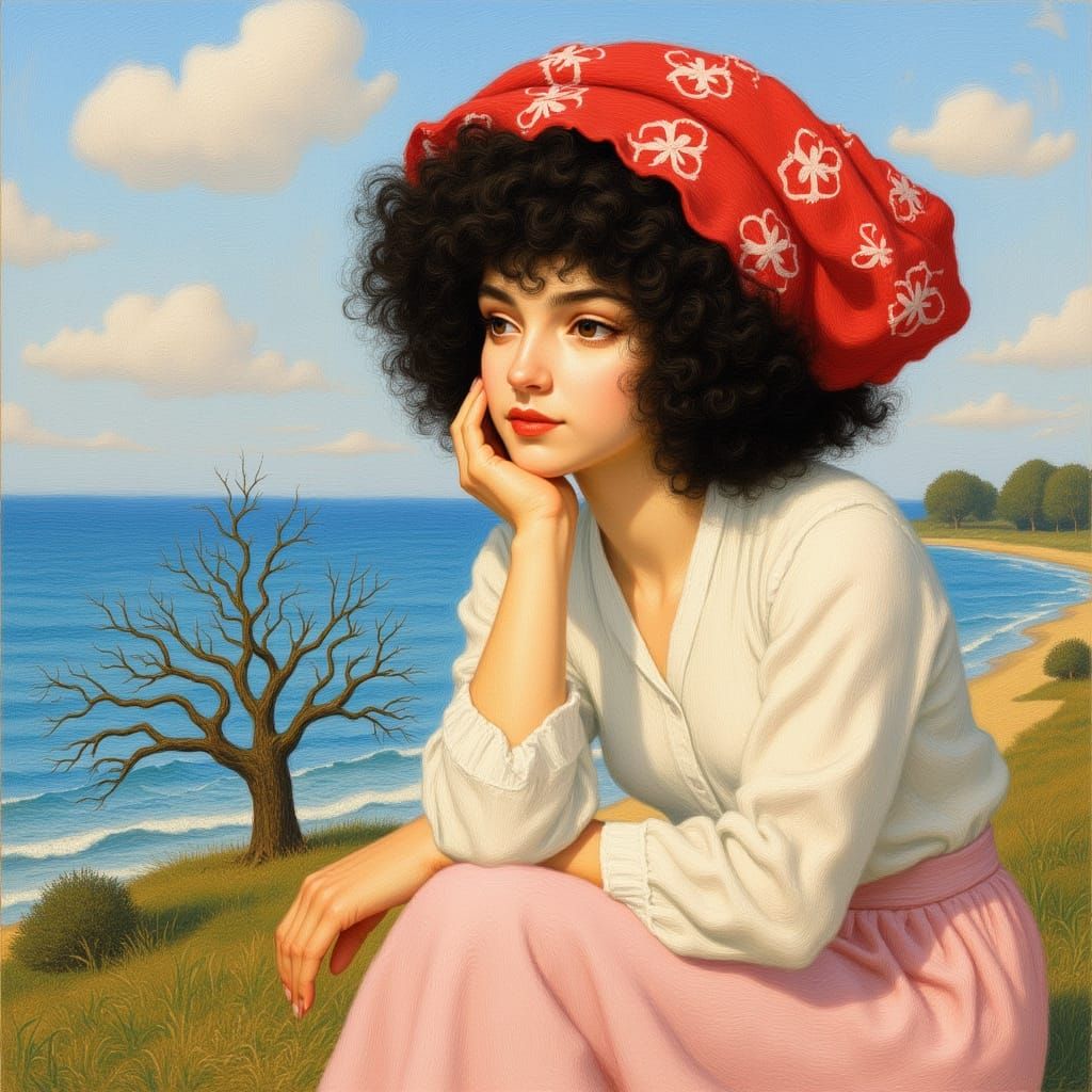 Young Woman Gazing at Serene Ocean in Impressionist Style