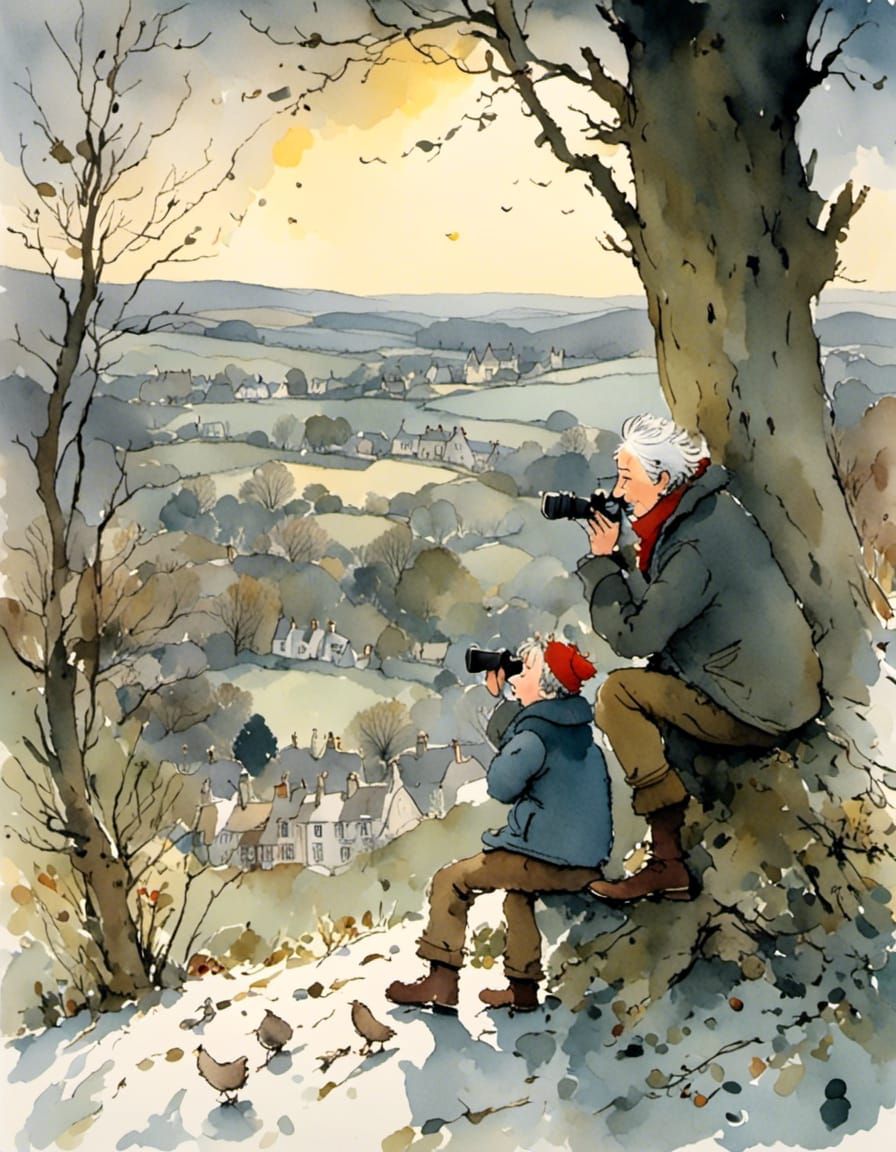 Grandfather and Grandson Birdwatching in Winter