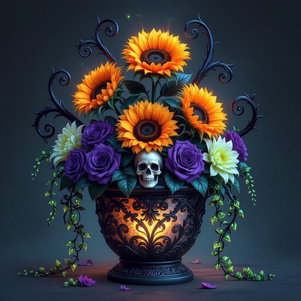 Gothic Flower Pot with Fiery Sunflowers and Neon Magic