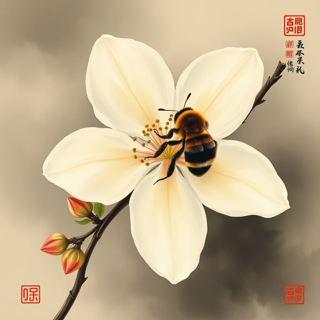 Bee on Jasmine Flower: Traditional Chinese Painting