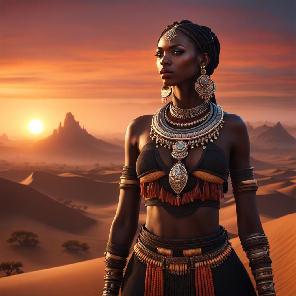 Tribal Woman in Desert Sunrise: Fantasy Concept Art
