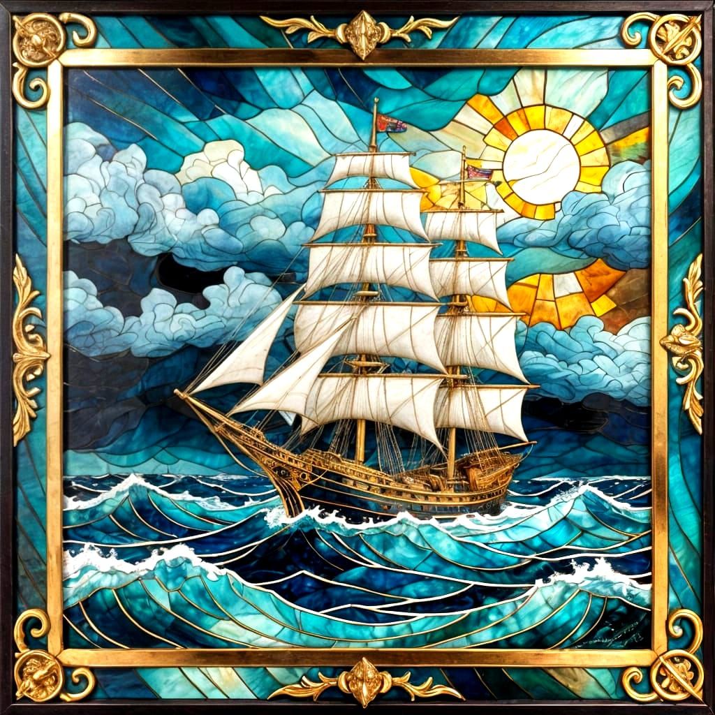 Sailing Ship on Stormy Sea: Stained Glass Effect