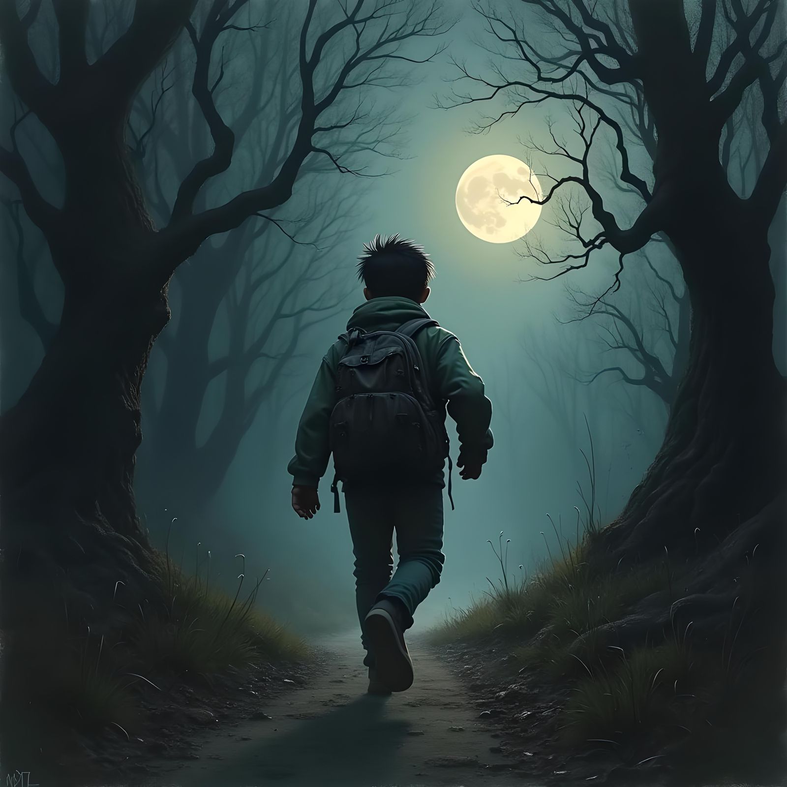 Eerie Forest: Boy Running in a Scary Scene