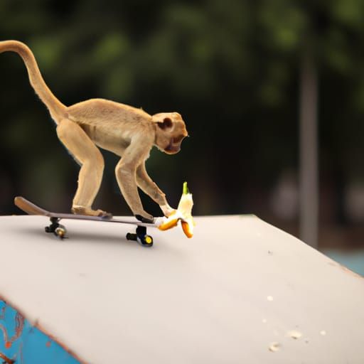 Skateboarding Monkey Eats Banana on Big Jump