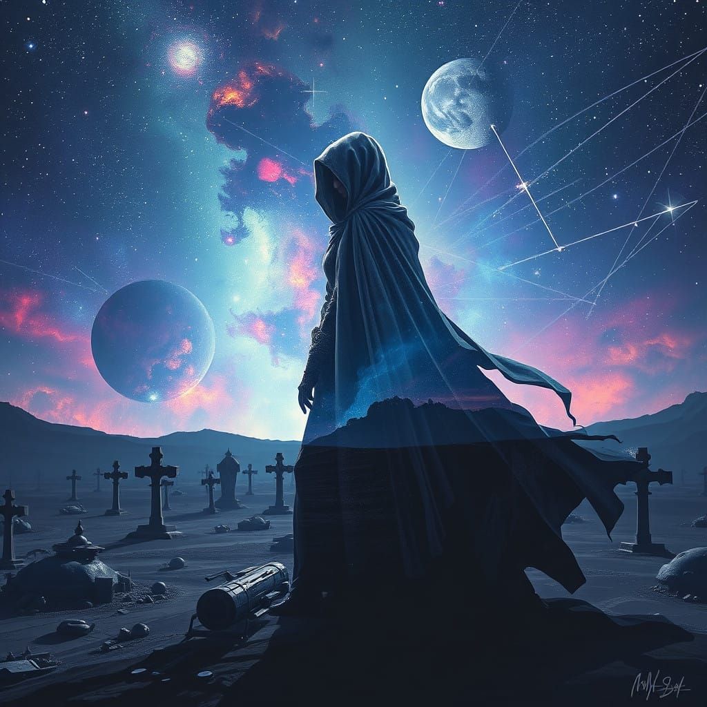 Heroic Figure in Starry Galaxy Backdrop with Nebulae and Spa...