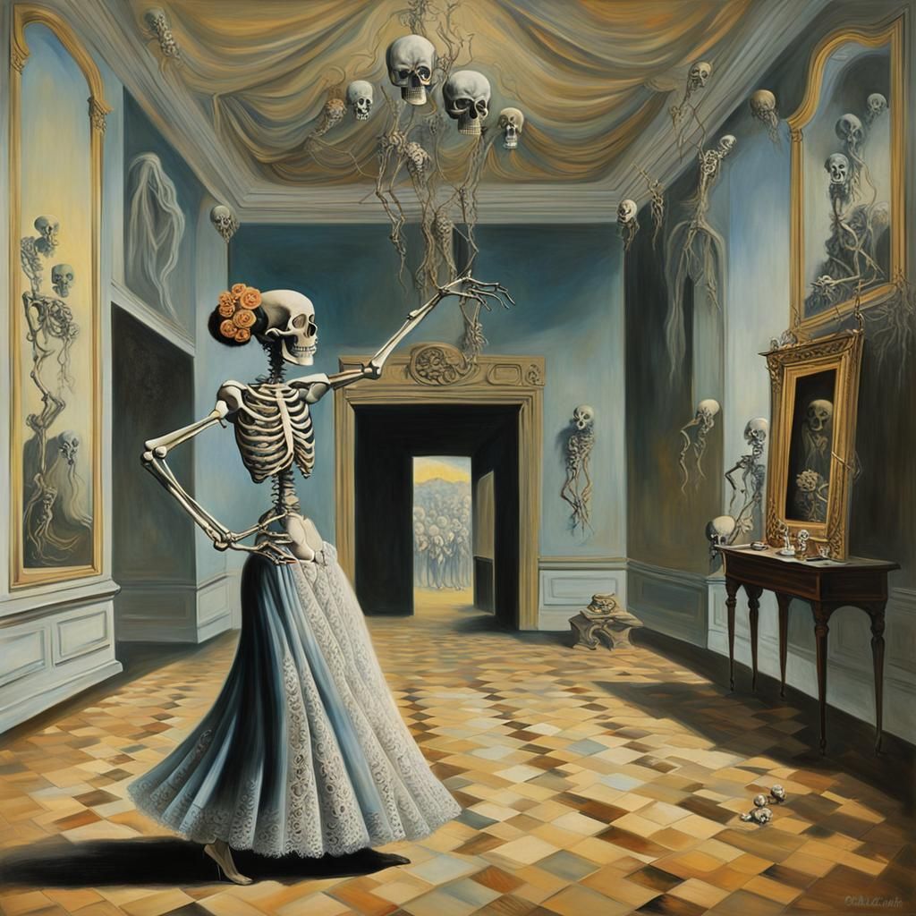 Surreal Dance: Lady and Skeleton in Dali Style
