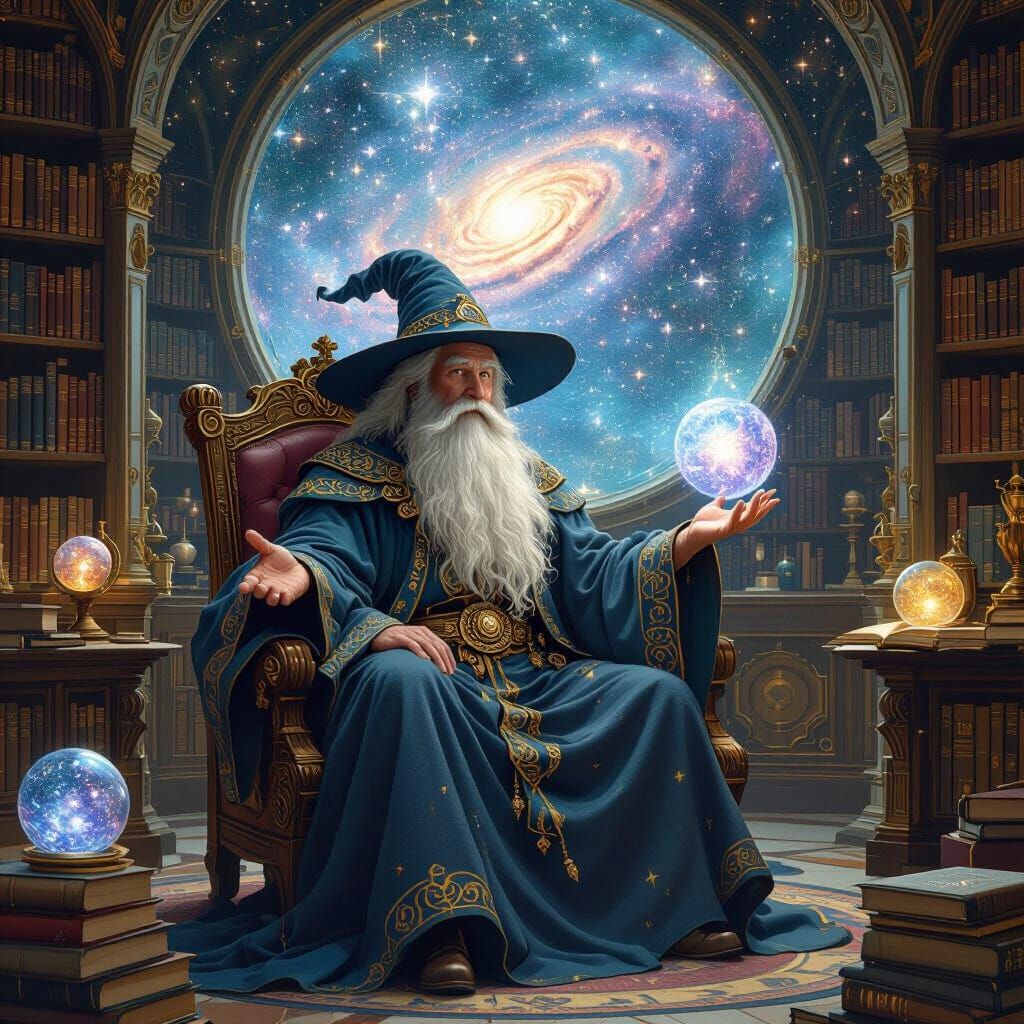 A wizened old wizard with a long white beard, sitting in a g...