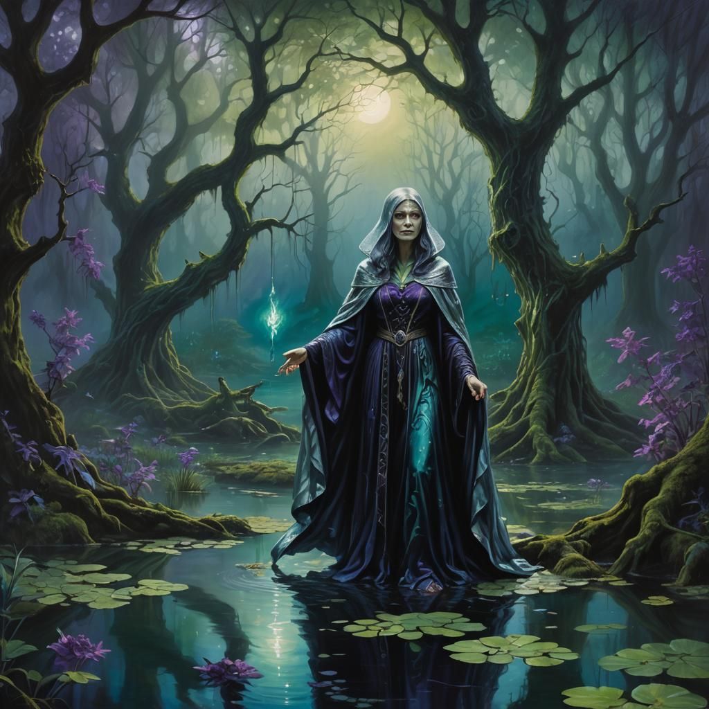 Mystical Witch in Forest Pond, Dark Fantasy Oil Painting