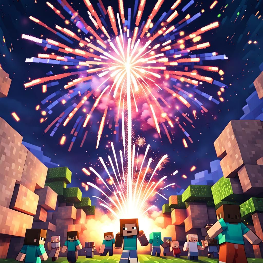 Anime Minecraft Fireworks in a Vibrant Pop Art Style
