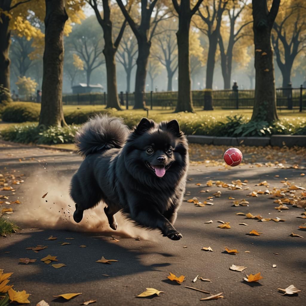 Black Pomeranian Dog Running in Park: Detailed Matte Paintin...
