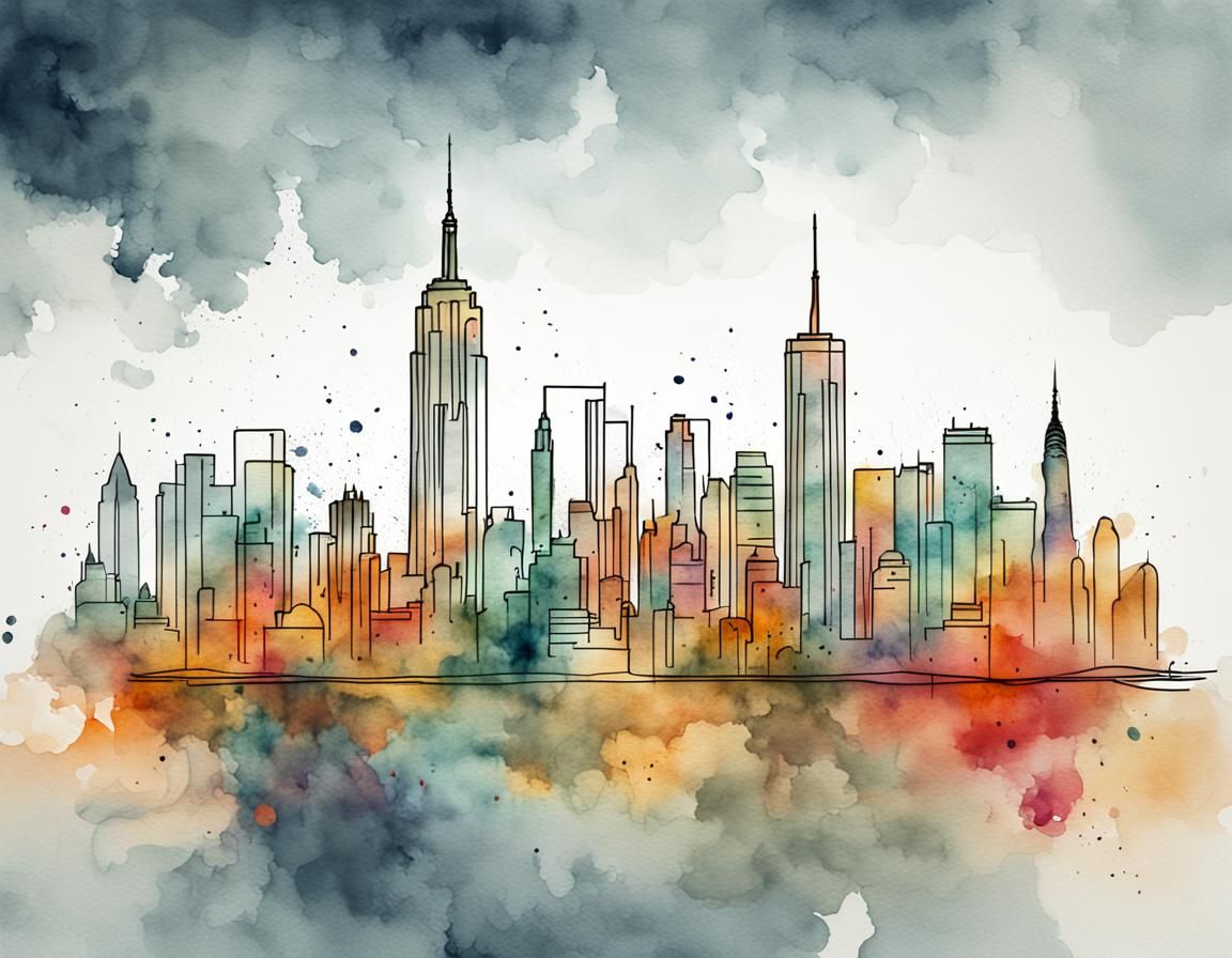Minimalist Manhattan Skyline in Watercolor Style