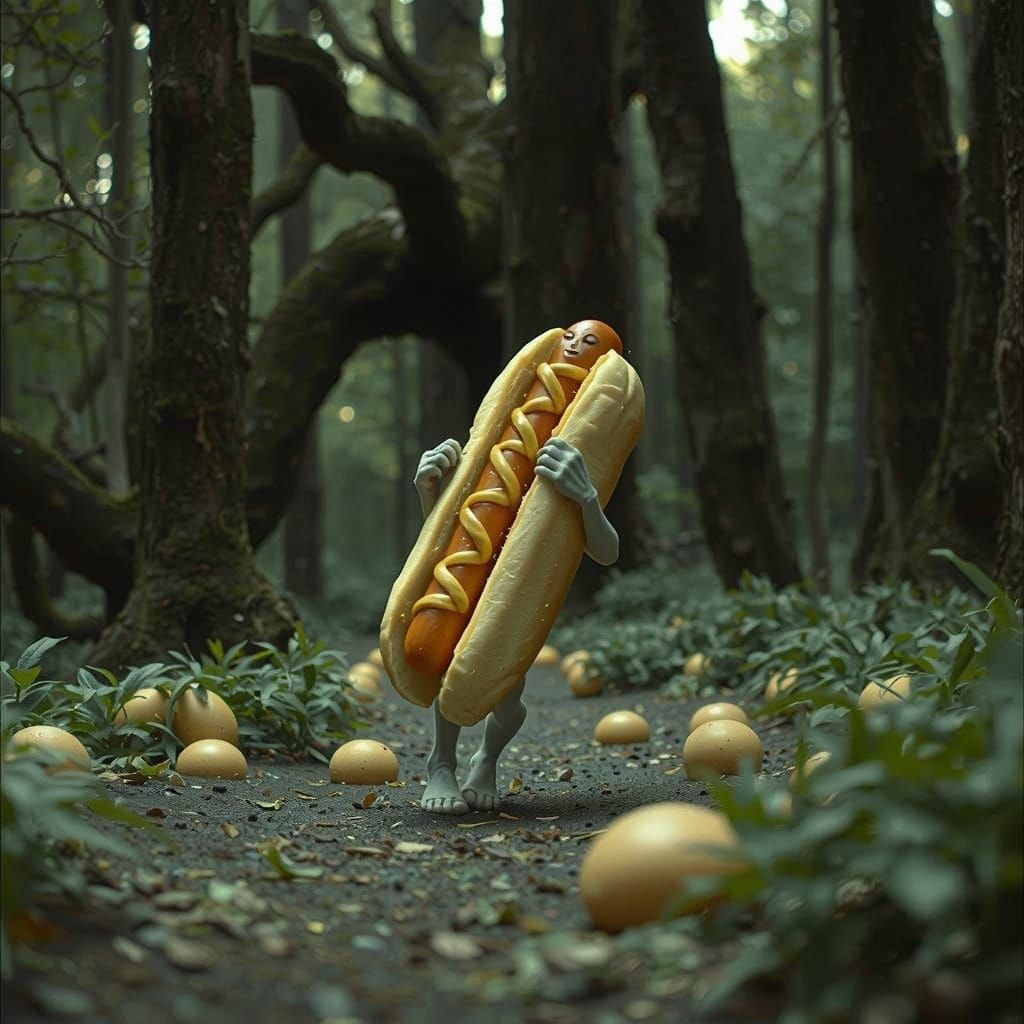 Celestial Hotdog Ravages Forest: Cinematic Film Still