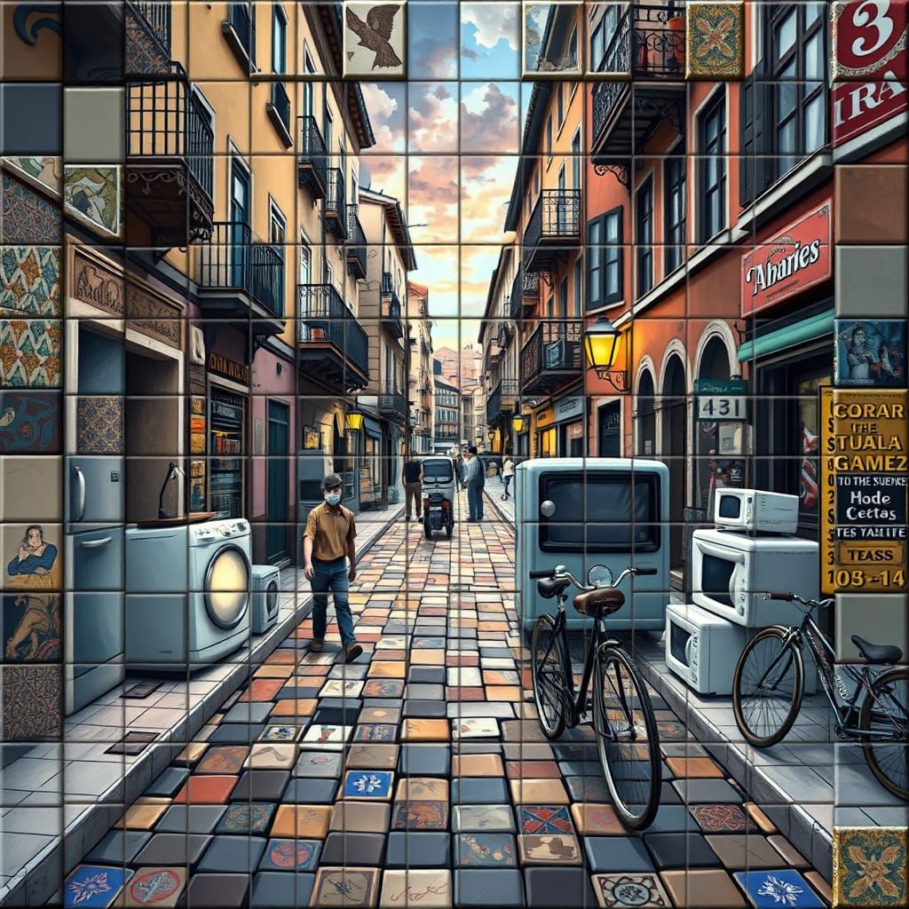 Vibrant Cubist Mosaic of Home Appliances in Old Town