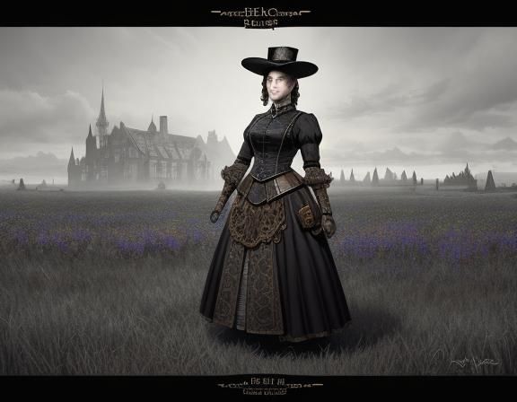 Steampunk Woman in Field, Beatrix Potter Style