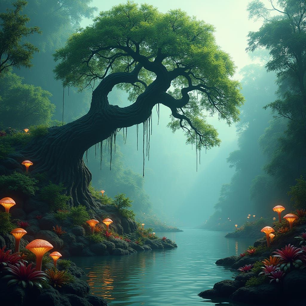 Mystical Amazon Tree Bends in the Wind as Matte Painting