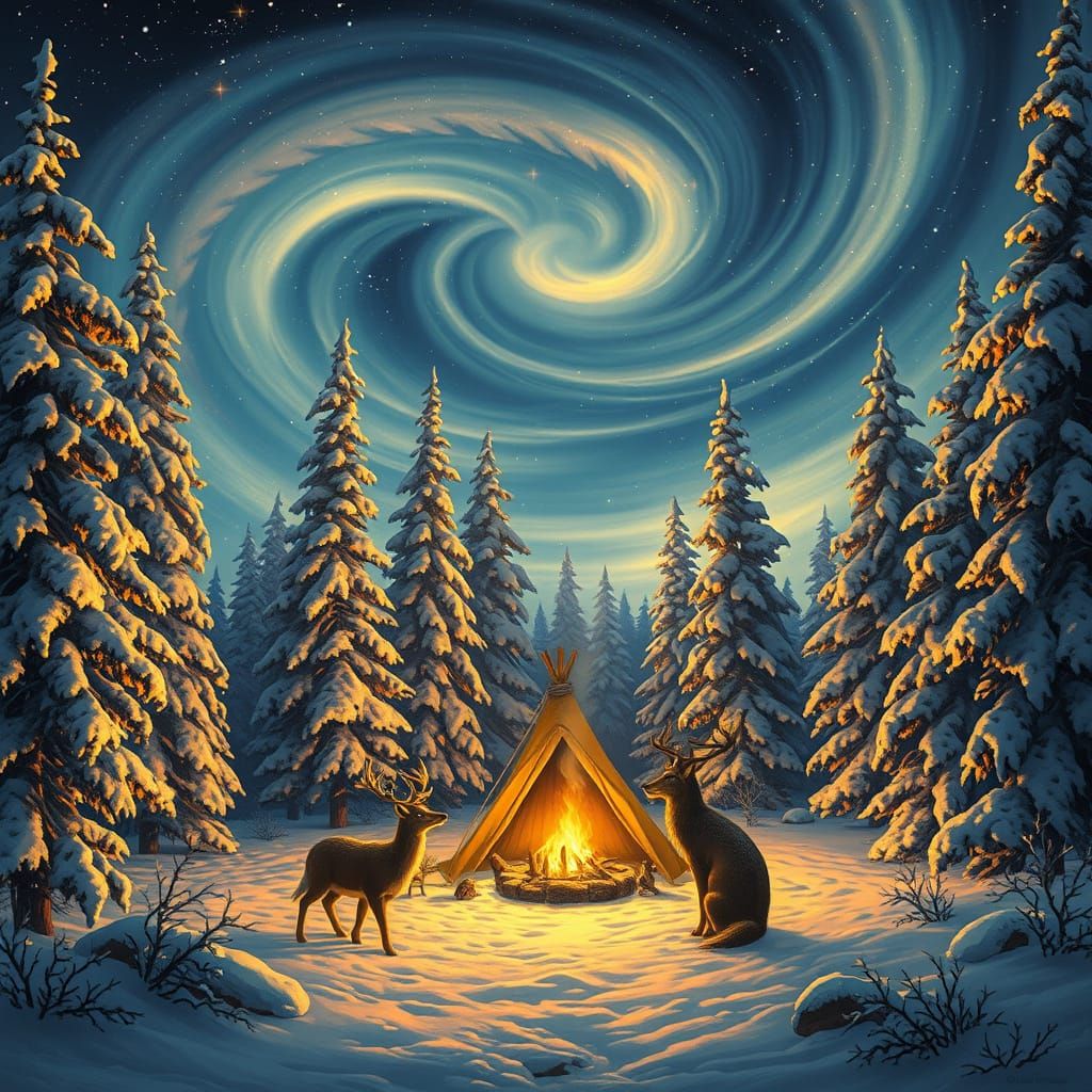 Winter Wonderland Campsite in Whimsical Digital Art