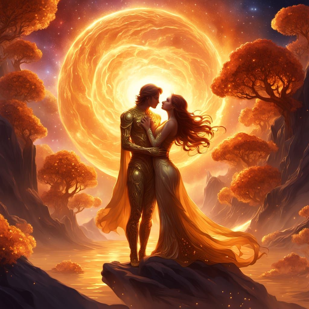 Cosmic Embrace: Two Worlds Merge in Ethereal Fantasy Art