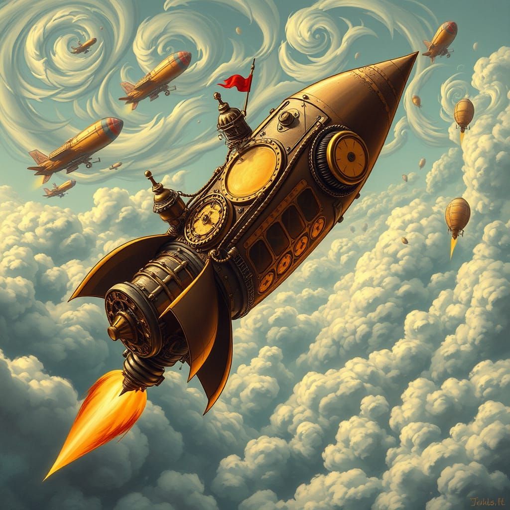 Steampunk Rocket Ship Soaring Through the Sky