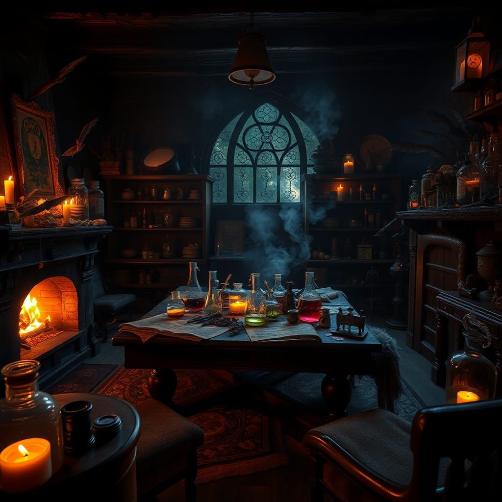 Eerie Potions Laboratory Scene in Hyperrealistic Style