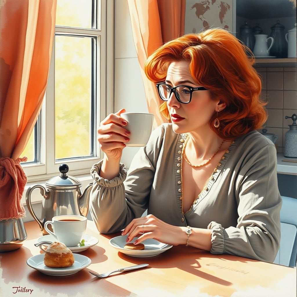 Cozy Morning Coffee Scene in Whimsical Watercolor Style