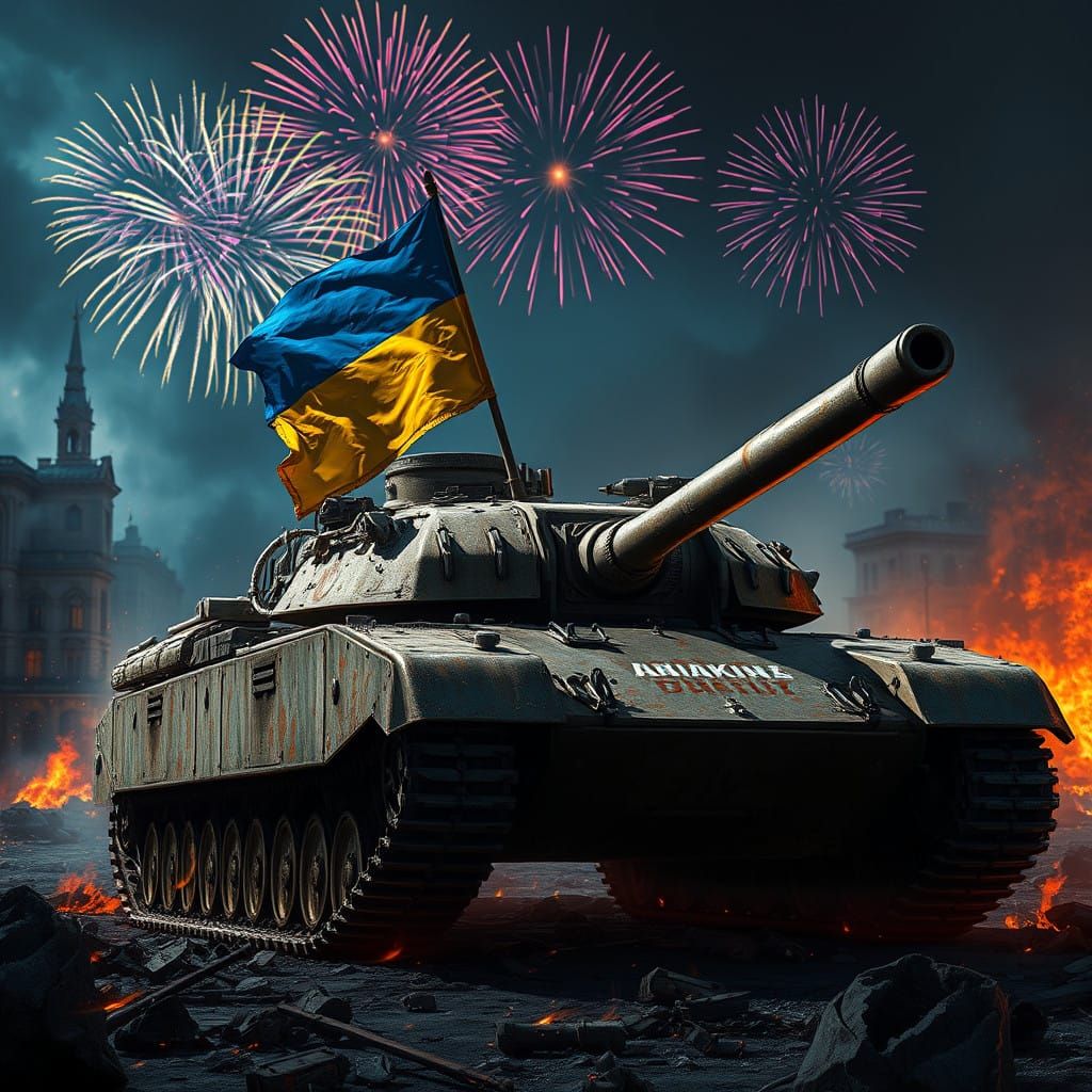 War-Torn Cityscape with Defiant M1 Abrams Tank and Ukrainian...