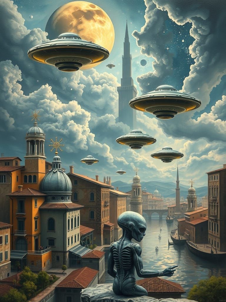 Renaissance Futurism: Italian Cityscape with Alien Starships...