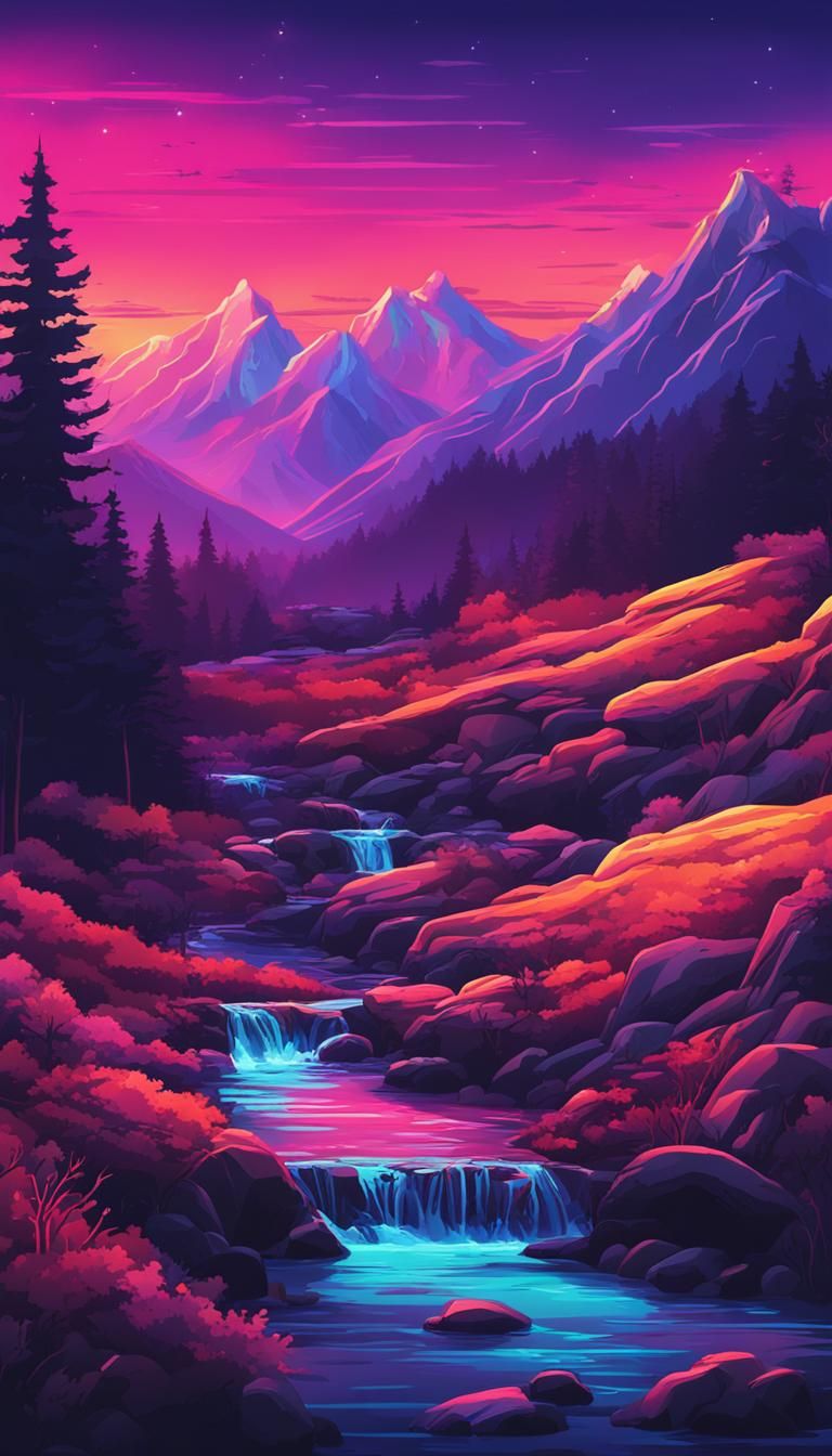 Neon Lights Illuminate Dusk Mountain Scene