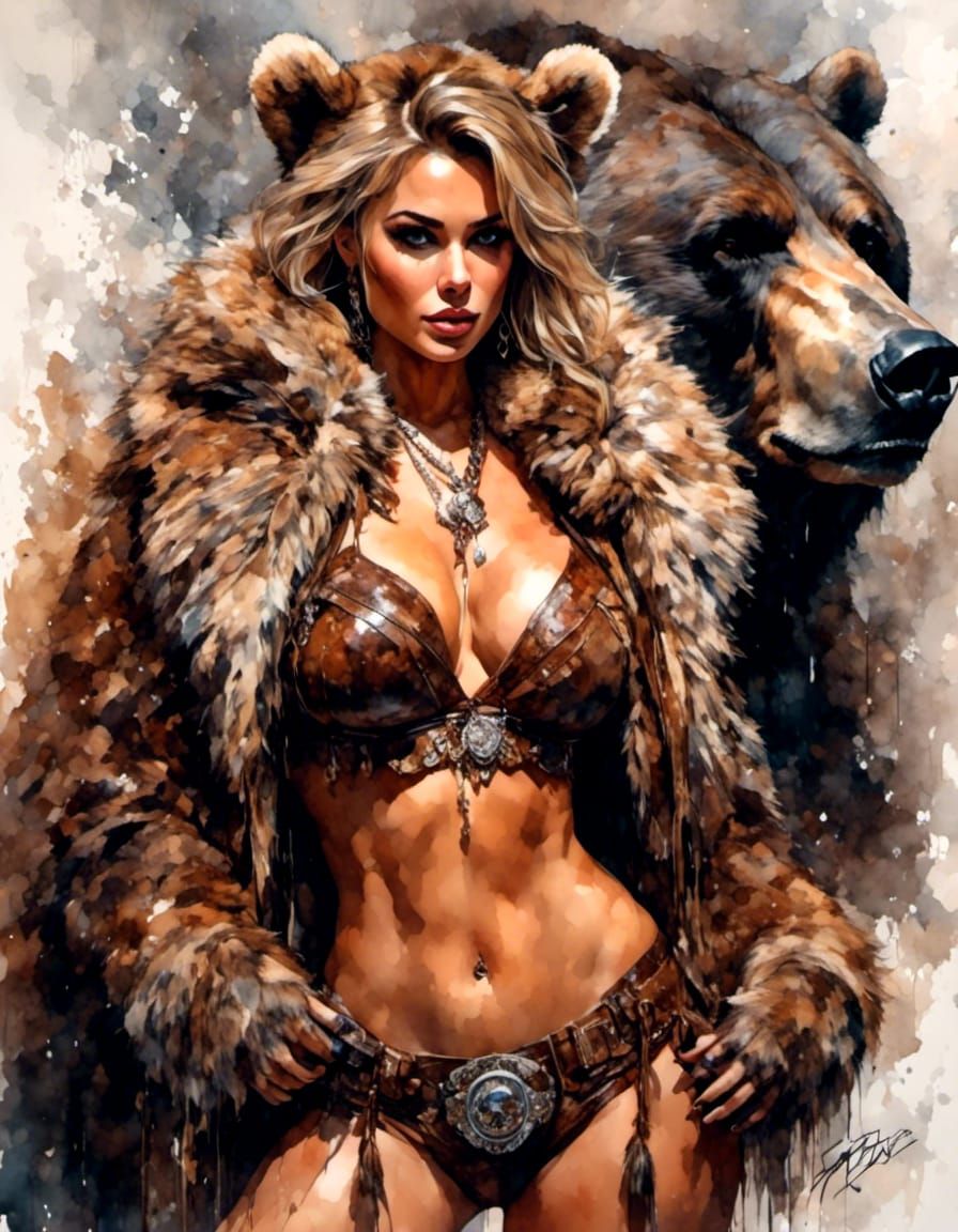 Strong Bear Girl Portrait in Gouache Style
