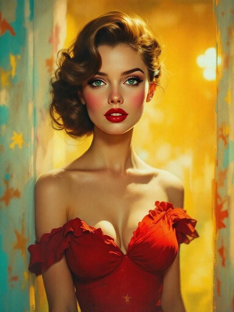 Pin-Up Woman in Red Dress with Mesh Filter
