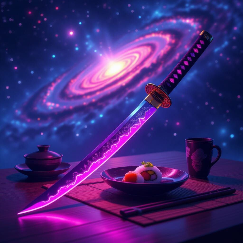 Neon Samurai Sword on Japanese Table in Cosmic Setting