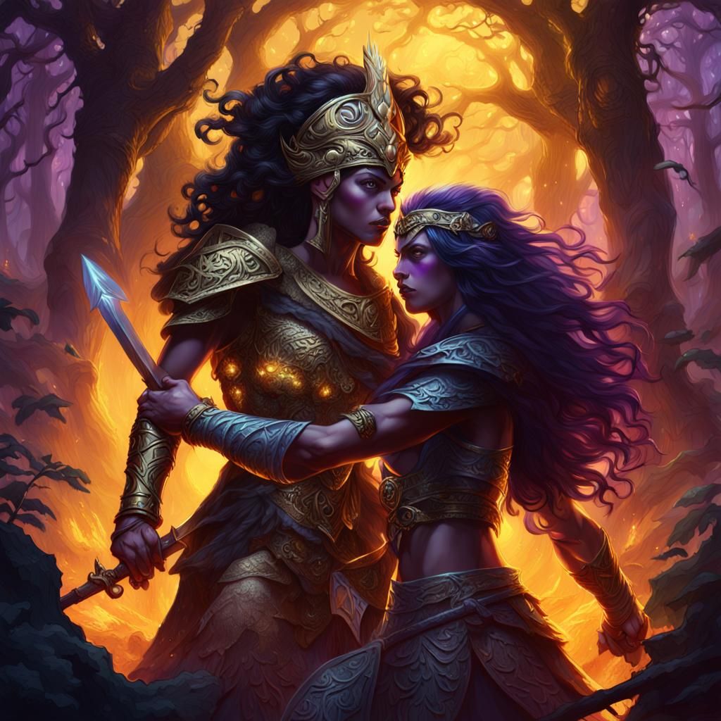 Barbarian Woman Battles Amazon Queen in Dark Fantasy Art