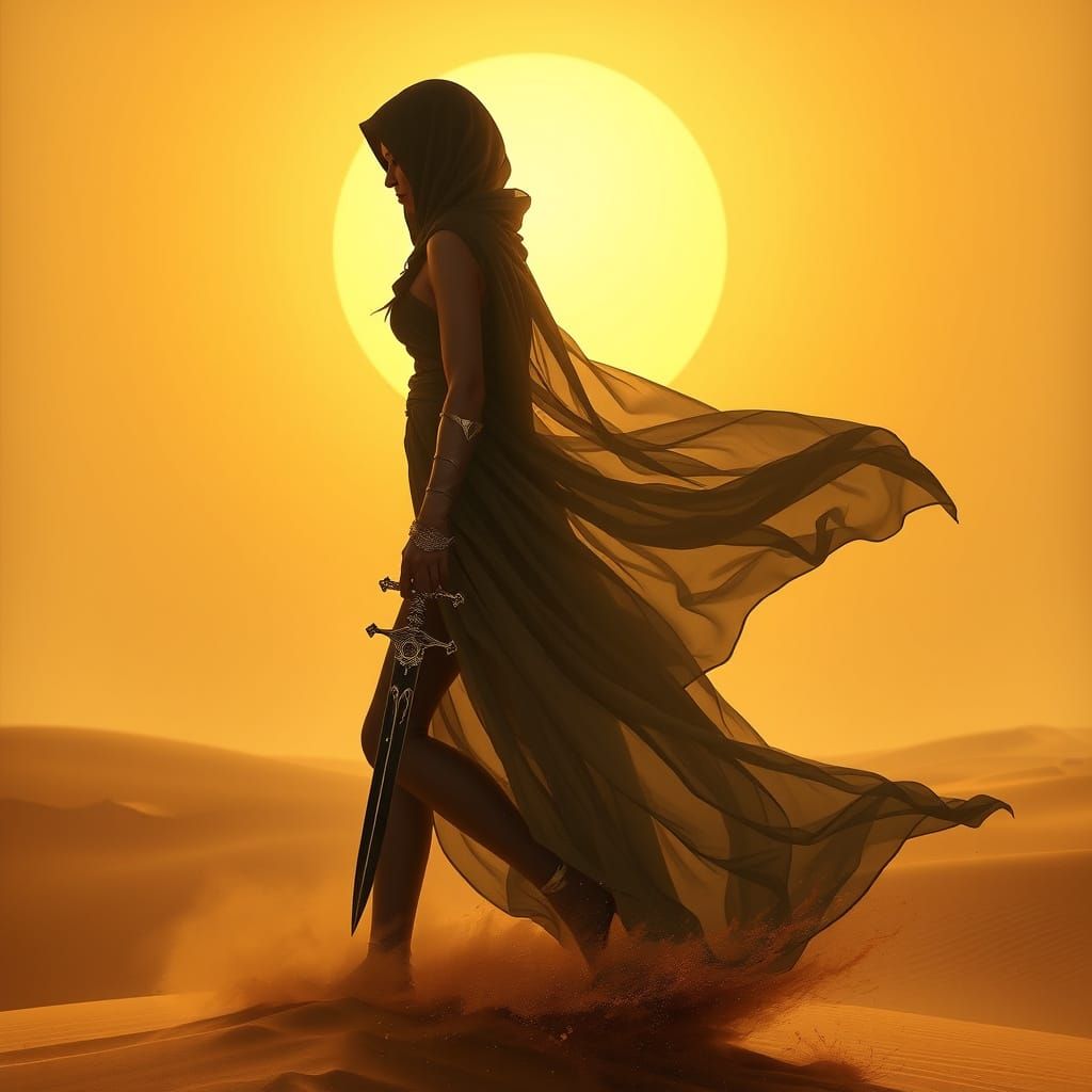 Mythical Desert Warrior with Diaphanous Cloak and Dagger